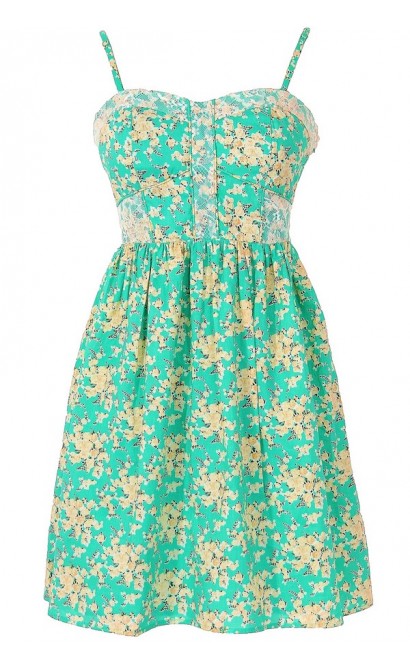 In Bloom Green and Beige Ditsy Floral Designer Dress